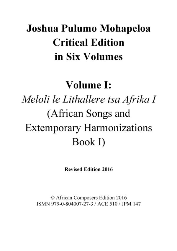 joshua pulumo mohapeloa critical edition, volume i revised 2016
