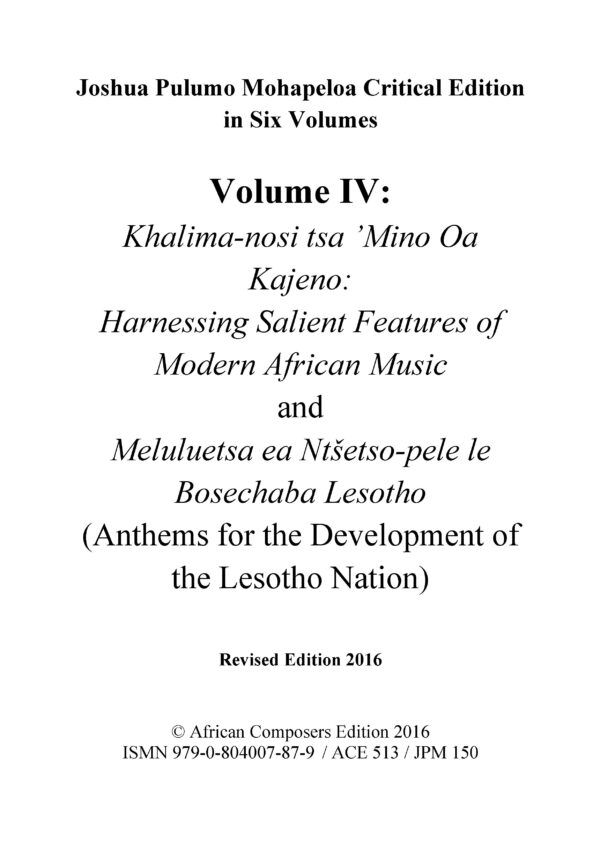 joshua pulumo mohapeloa critical edition, volume iv revised 2016