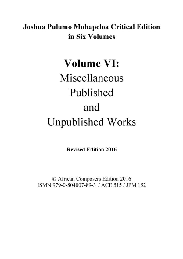 joshua pulumo mohapeloa critical edition, volume vi revised 2016