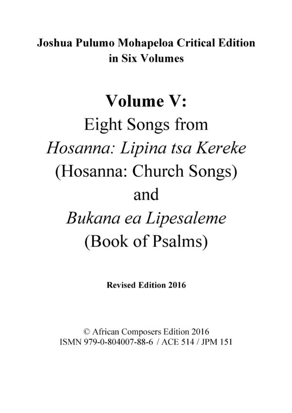 joshua pulumo mohapeloa critical edition, volume v revised 2016